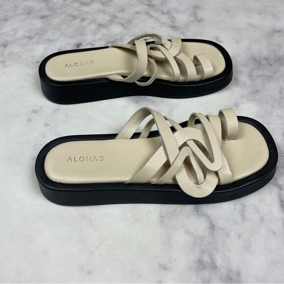Alohas Ivory Toe Ring Strappy Flat Sandals Flip Flops Minimalist Sz 41 - Picture 3 of 10